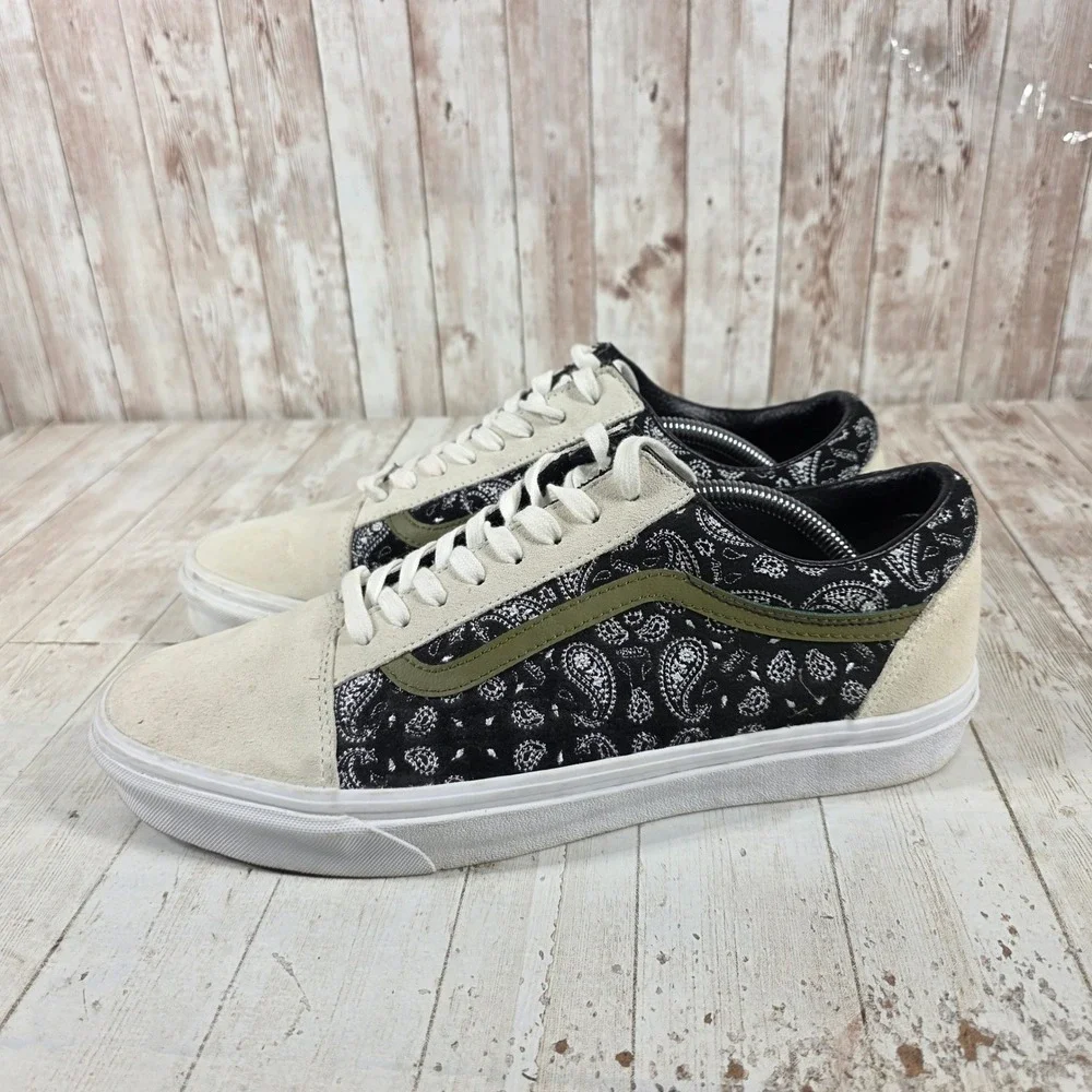 Vans Old Skool Black Paisley Cream Suede Olive Green Stripe Mens 12 Sneakers